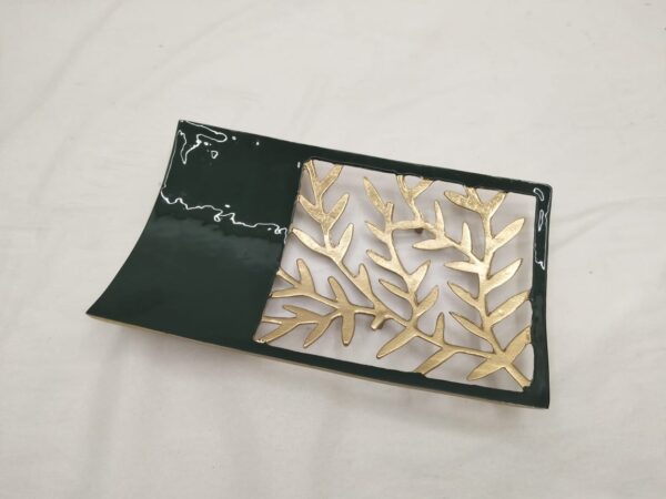 Luxury decorative tray with a gold leaf pattern and a glossy dark green finish.